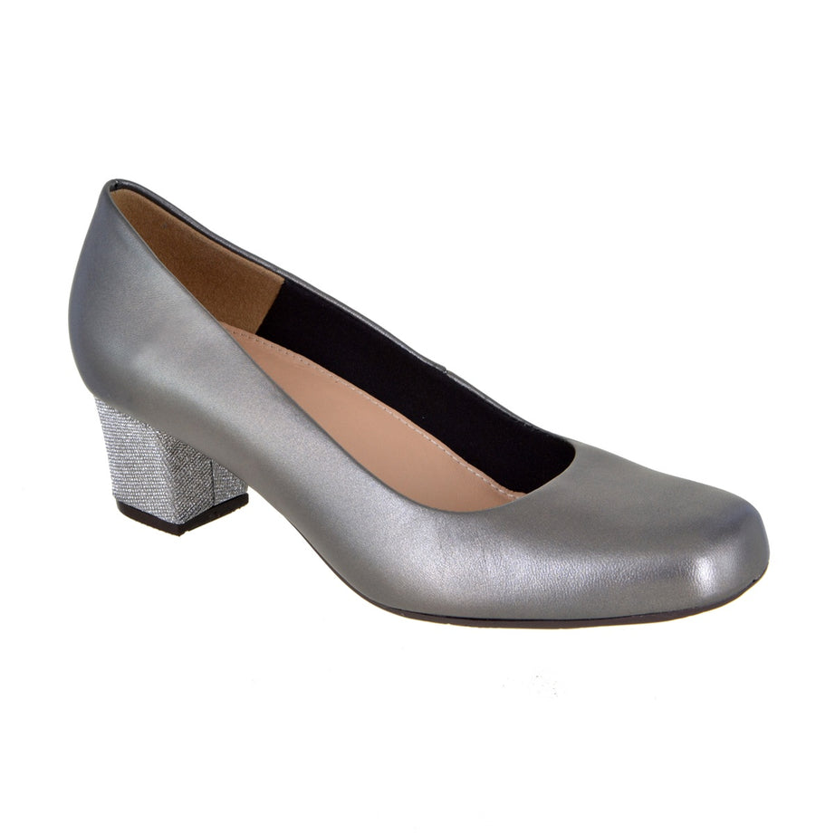 Zapatilla de piel metálica con tacón texturizado brillante